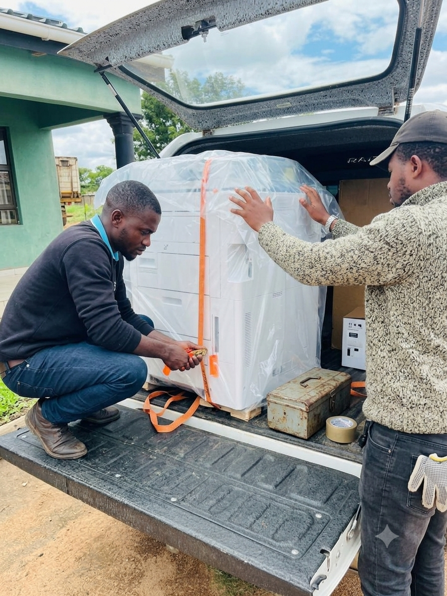 Office equipment delivery - unloading the copie